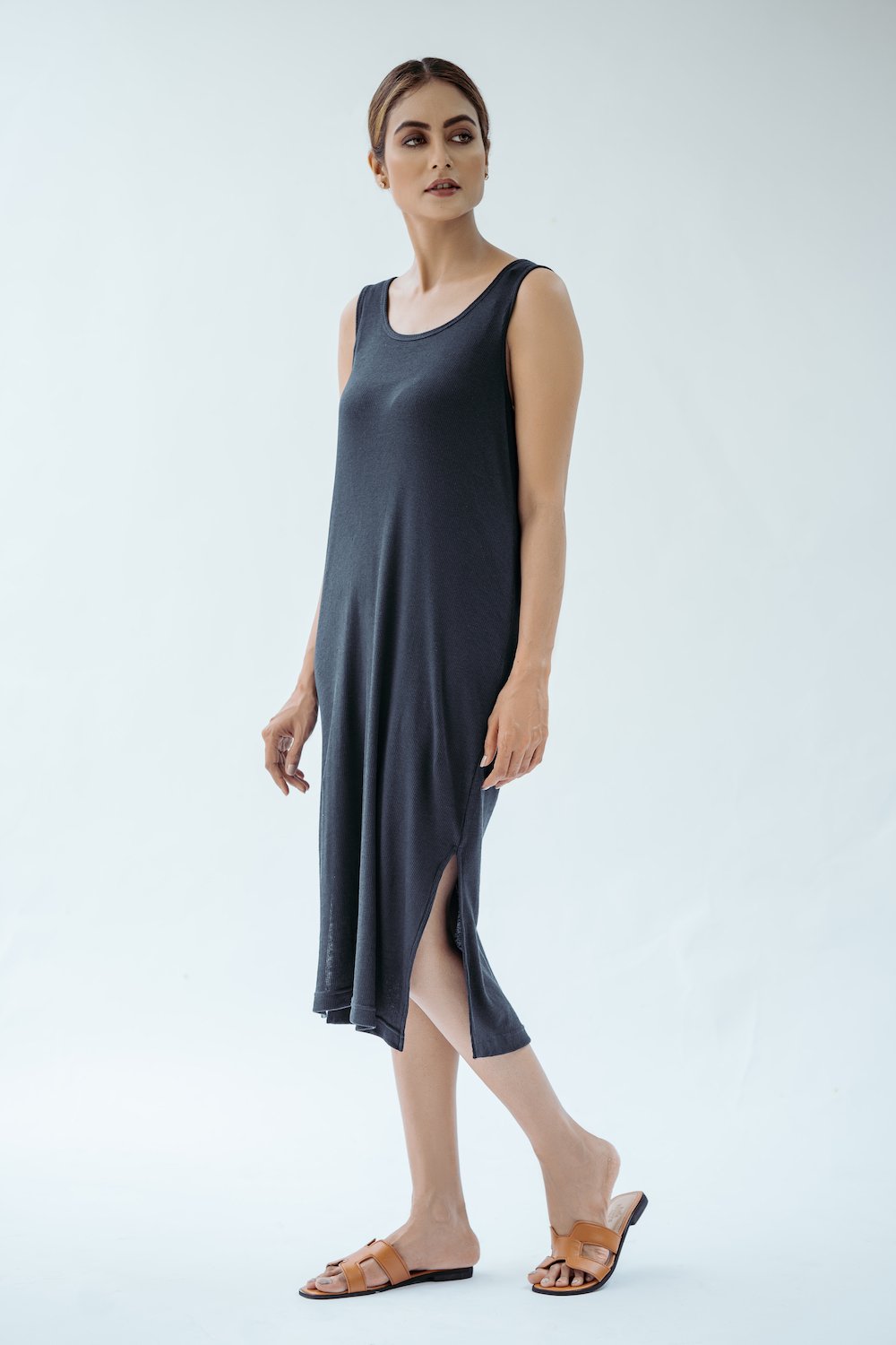 Ribbed Midi Tank Dress - Navy ...